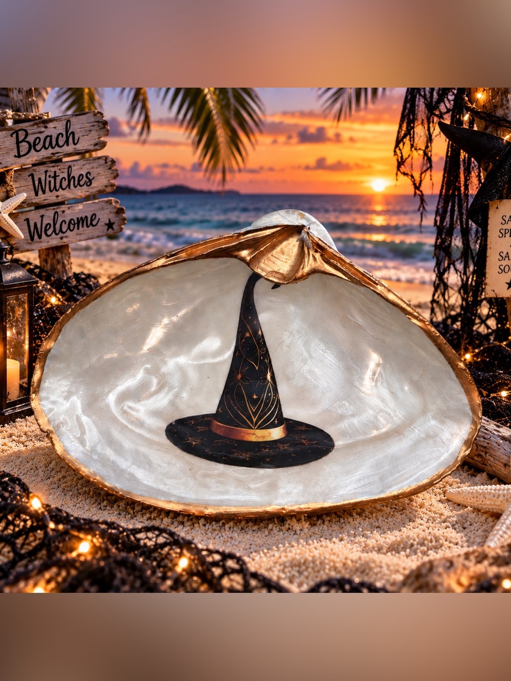 Halloween Witch Hat Decorative Shell Tray - Black and Gold